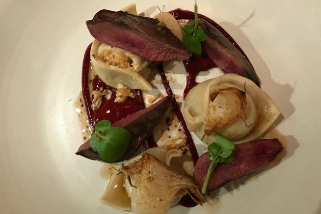 Cornish pigeon breast, potato and artichoke puree, beetroot, almond brittle