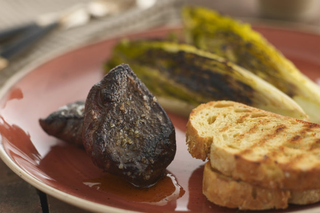BBQ grouse recipe with sourdough and charred leaves