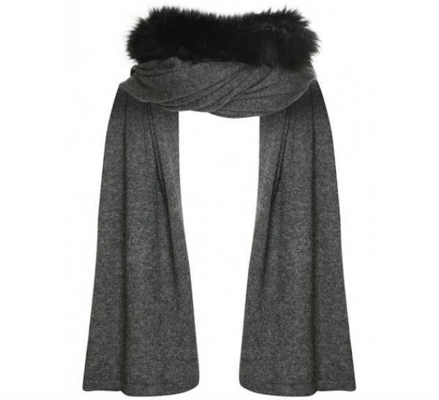 long grey scarf with fur hood