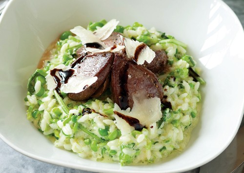 Wood pigeon breast risotto with peas