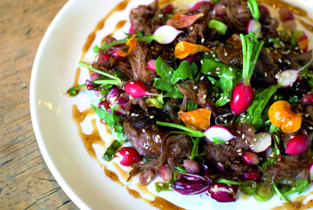Duck salad recipe with spring onions, radishes and sesame seed dressing