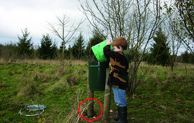 A rat hole at the base of a hopper (circled): even good designs can be raided if rats can climb up the supports 