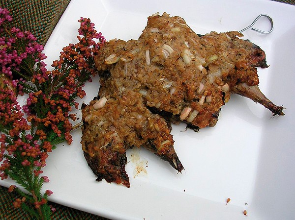Spatchcock grouse with gooseberries