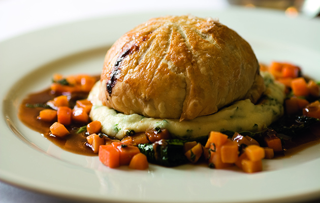 Hare pie with sweet potato, carrots and cabbage