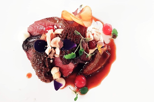 Woodpigeon breasts with caramelised parsnip puree, morel and sherry jus