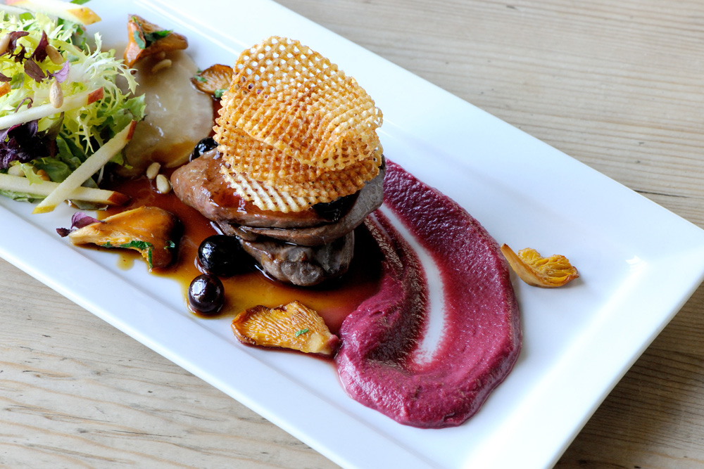 Wood pigeon with blueberry jus, beetroot purée and potato crisps