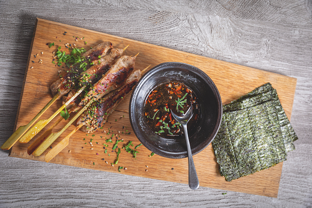 Pheasant miso kebabs with seaweed and soy dip