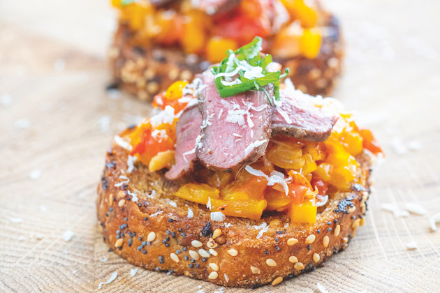 A recipe for bruschetta using pigeon breasts