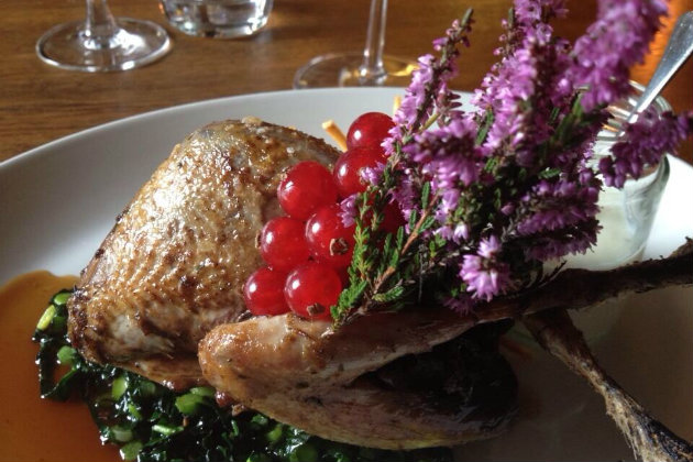 Roasted Grouse with Red Wine, Prune &amp; Pancetta Stuffing