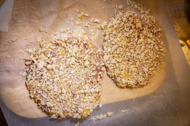 A flattened, crumbed pheasant breast 