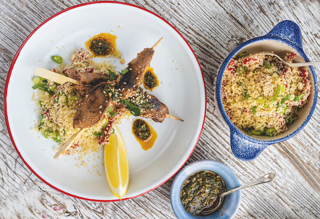 Pigeon shawarma with red pepper couscous and chermoula dressing