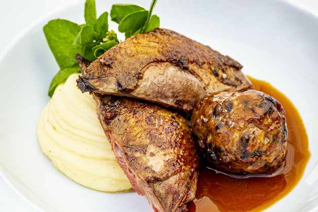 Roast grouse with a black-pudding faggot