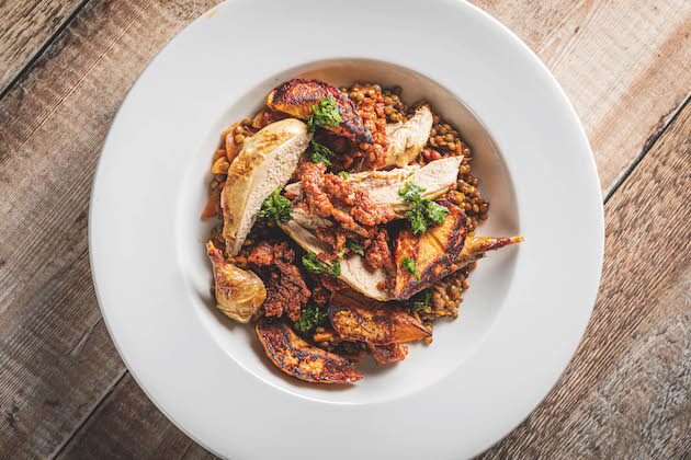 Partridge with roasted quince, Italian lentils and Merguez sausages