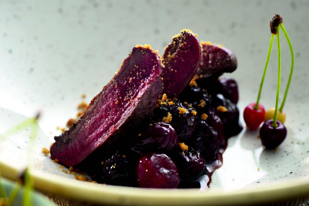 Woodpigeon, wild cherries and gingerbread