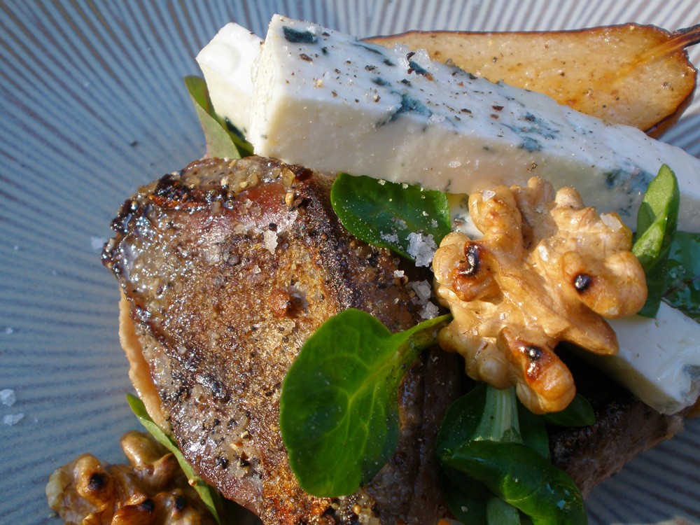 Lee Maycock recipe for woodpigeon, roasted pear, gorgonzola and walnut tart