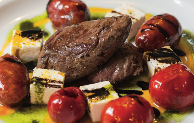Pigeon with chorizo, peppers and feta cheese