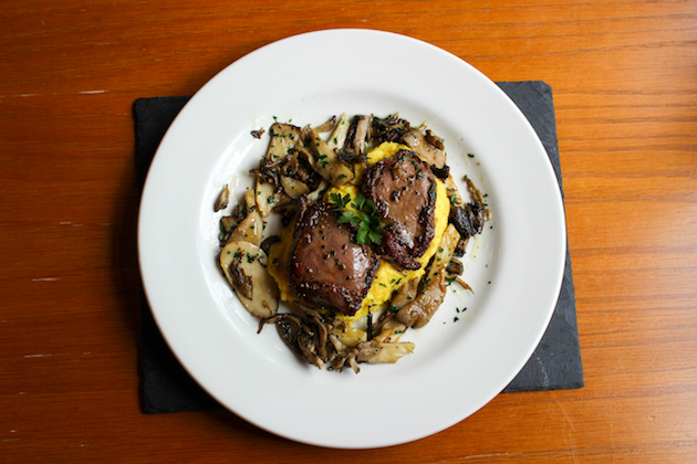 Spiced pigeon breasts with sweet potato, parsnip mash and wild mushrooms