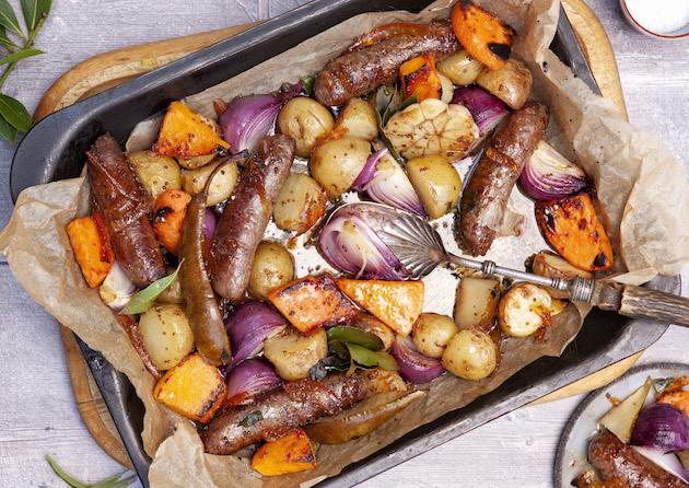 Recipe for tray baked venison sausages with marmalade and bay