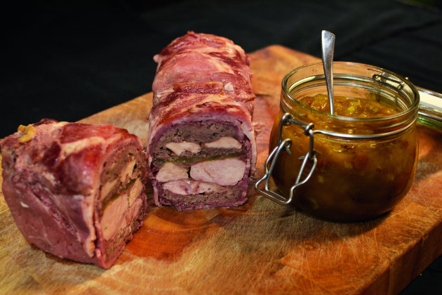 Partridge, pear and venison terrine with spiced pear chutney