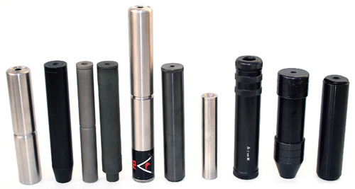 L-R: PES 32mm rimfire, SM11, PES Parker Hale, ASE Utra, PES 32mm muzzlecan, J. Bowkett, LEI, Whisper, Husher 1 and the SAK.