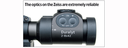 ></noscript></img><br />
<br />
The reticle choice is limited to one, and the product range is more limited than with other brands, but it makes up for itself in outright performance in the woods with a simple illumination system and superb lens clarity.<br />
<br />
<strong><em>Specifications:</em></strong><br />
<em>– Magnification: 2-8x zoom<br />
– Objective Lens Diameter: 42mm<br />
– Adjustment Clicks: 1cm at 100m<br />
– Reticle: No. 60<br />
– Body Tube Diameter: 30mm<br />
– Length: 11.9in<br />
– Weight: 18.3oz<br />
– Features: Compact, easily adjustable reticle brightness<br />
– Lens Quality 5/4.5<br />
– Low Light Ability 5/4.5<br />
– Value For Money 5/5</em><br />
<br />
<br />
<strong>CONCLUSION</strong><br />
Any one of these scopes, when mounted to a rifle and taken into the field, will work without fault. <br />
<br />
Some, however, are better than others with regard to layout, price, clarity and performance. <br />
<br />
The Zeiss Duralyt, which offers superb illuminated optics at an incredible price is my top choice. <br />
<br />
My next favourite is probably the Nightforce, as it offers excellent construction and performance despite its size, and the zero-stop feature allows a foolproof return to zero after elevation or windage adjustments. <br />
<br />
Similarly, the Kahles never lets you down. I have used Kahles in the worst Scottish winters without fault, and I like the clarity and simple dot-illuminated reticle of this model. <br />
<br />
The 1in tube is no disadvantage as the low-light performance is superb. <br />
<br />
Swarovski has built its reputation on superbly crafted scopes and the Z6I does not disappoint, but it is expensive and the illumination controls can easily be turned on by mistake, which would result in a flat battery. <br />
<br />
The big old Schmidt just keeps on selling because it?s a no-nonsense, well-built scope and is optically superior to most on the market. <br />
<br />
It is expensive, but when you have trudged a mile in pelting rain at near-zero degrees and knocked the life out of your rifle, a Schmidt will always deliver that first well-aimed shot precisely where you want it. <br />
<br />
That leaves the Leupold. Though it is cheaper than most, the Leupold still offers great performance backed by a lifetime?s warranty. <br />
<br />
You probably will not need that warranty as Leupolds are built to last. The VX-R model is one of the best I have tested and would make a great deer or fox scope for all environments. <br />
<br />
There is something here for everyone, but you should go to a local dealer or gunsmith and handle and look through the scopes in question to ascertain what suits your style of shooting.<br />

</p>
<h2>
    <a href=