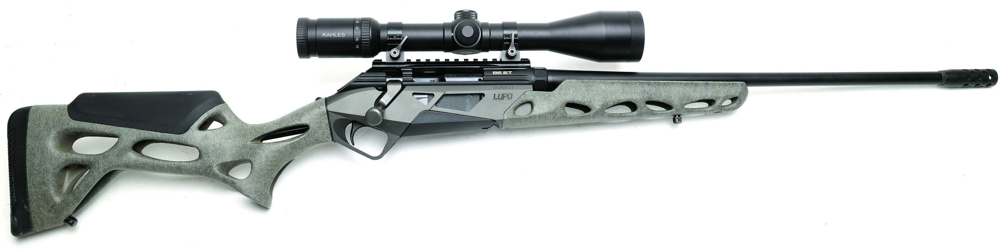 Benelli Lupo Alpha 3D-printed skeletal stock close-up with Kahles scope mounted on Picatinny rail