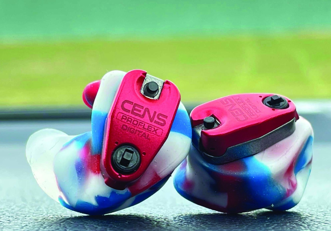 CENS ProFlex Digital custom ear defenders with red digital housing and camouflage silicon earpieces