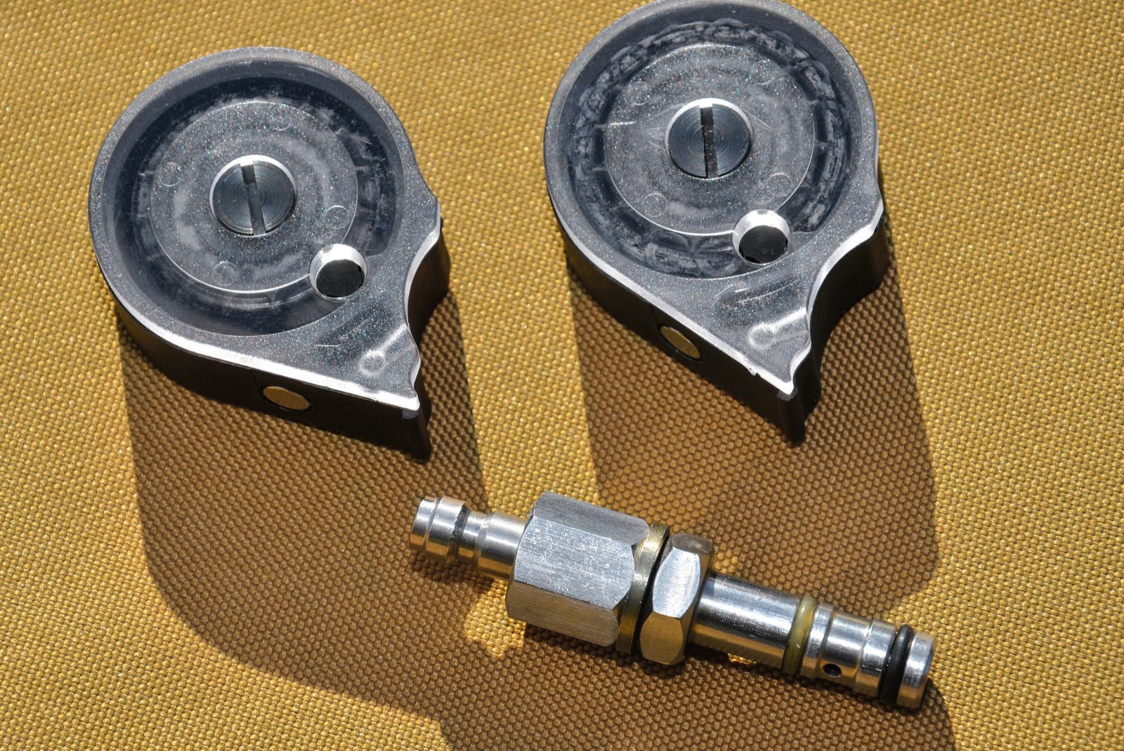Two cassette magazines and filling adaptor for the EB Arms Agincourt Synthetic
