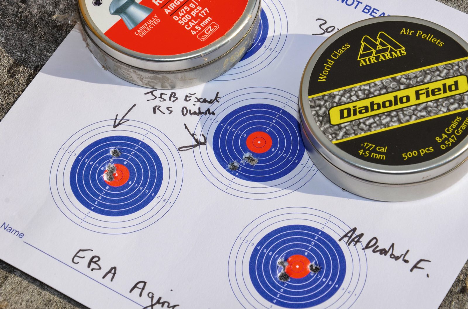 Pellet test groups and tins from the EB Arms Agincourt Synthetic accuracy test