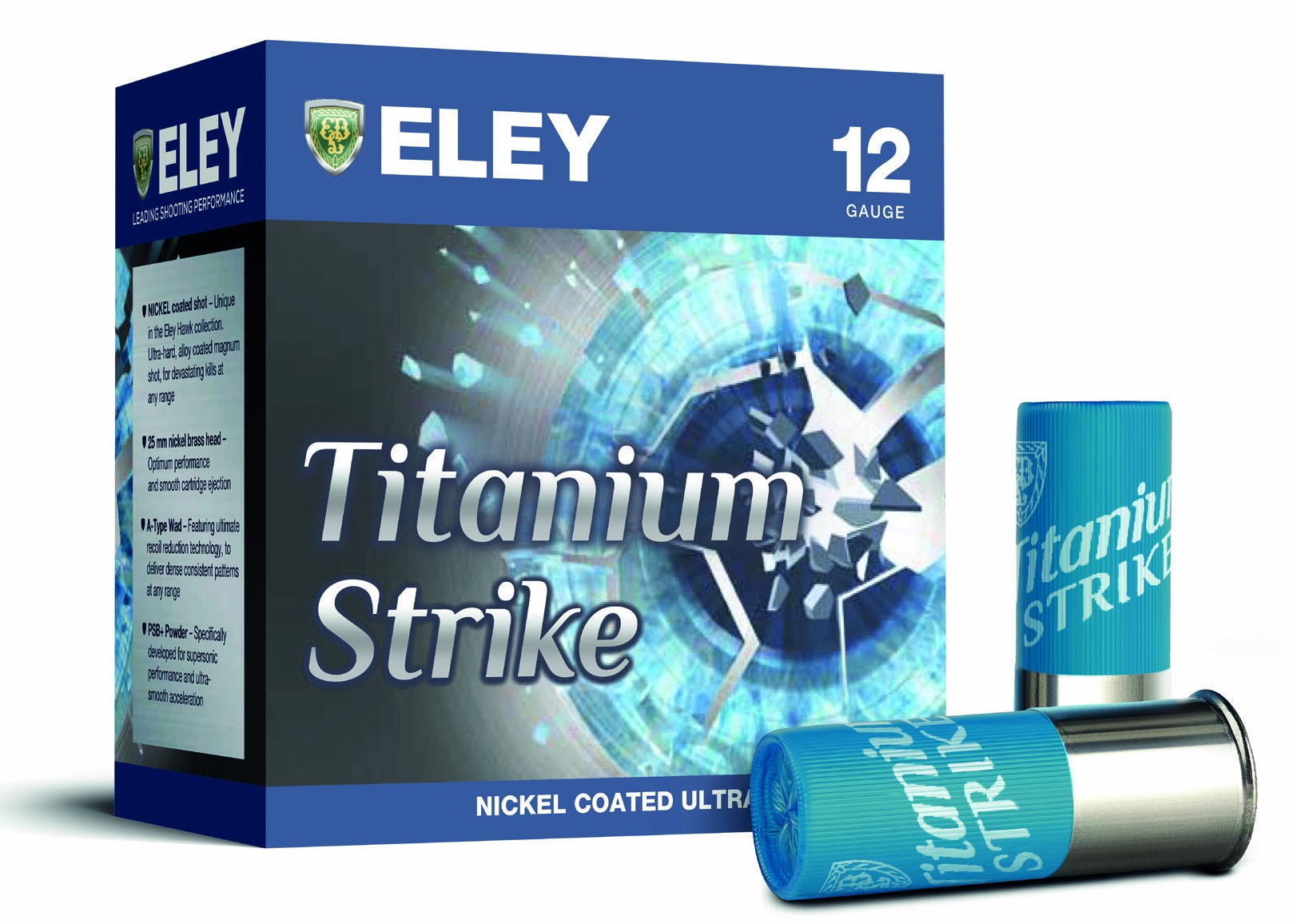 Eley Hawk Titanium Strike 12-gauge competition cartridge box with cartridges on white background
