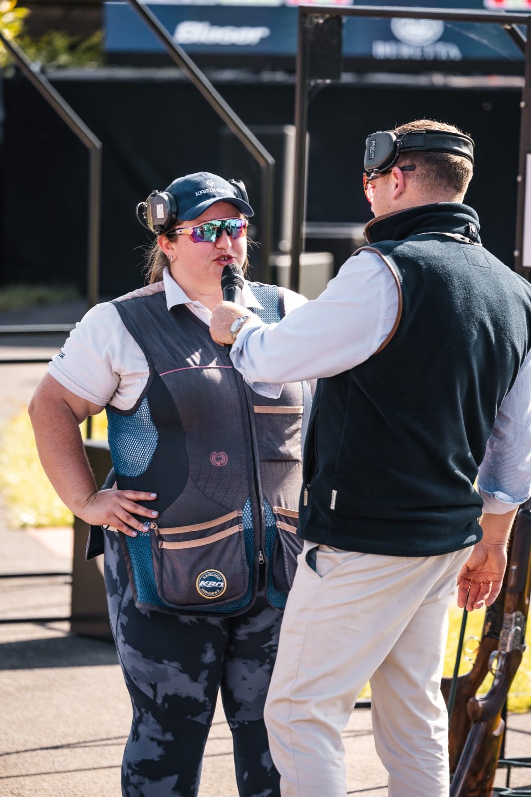 Clay shooter Emma Stacy being interviewed at the Eaton Hall TopGun
