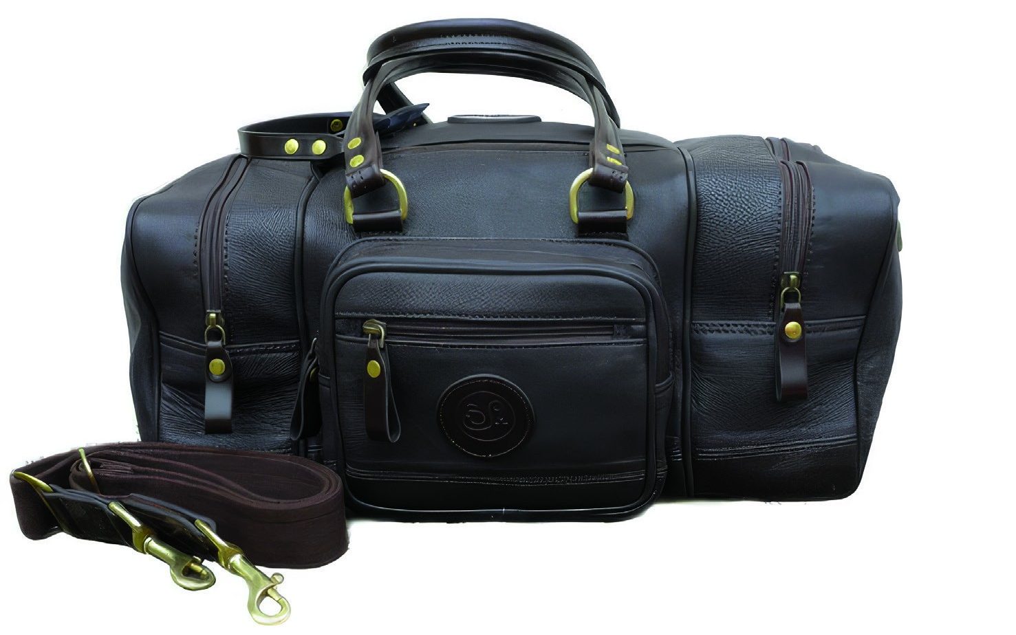 Fine Shooting Accessories leather range bag with brass fittings and shoulder strap on white background