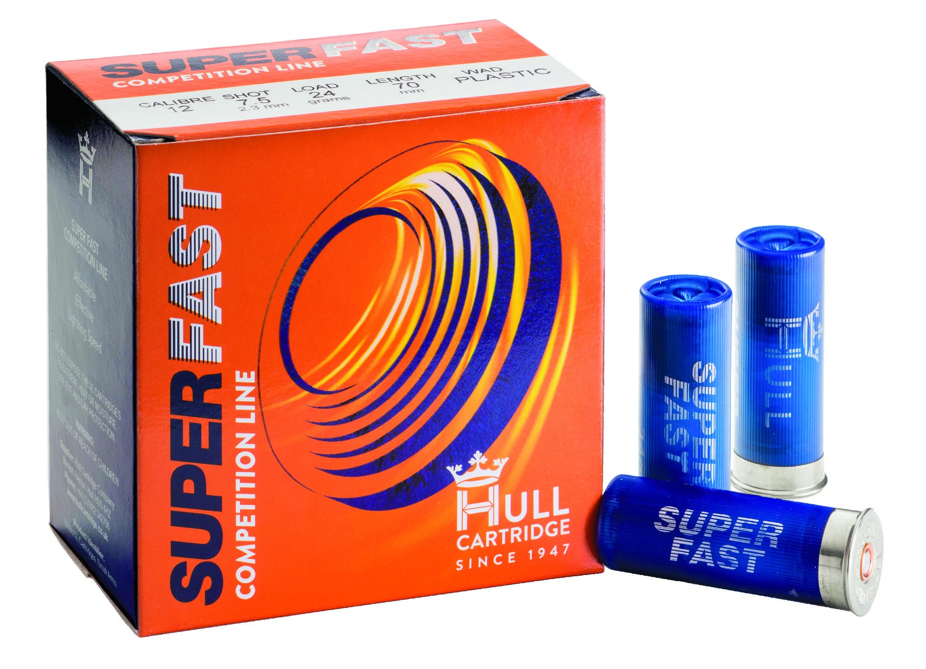 Hull Superfast competition cartridges box and blue cartridges on white background