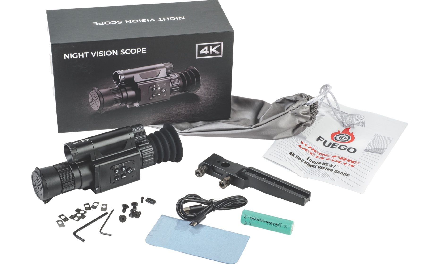 Fuego DS-X7 4K day and night vision scope with its box, battery, SD card, mount, cable and carry pouch