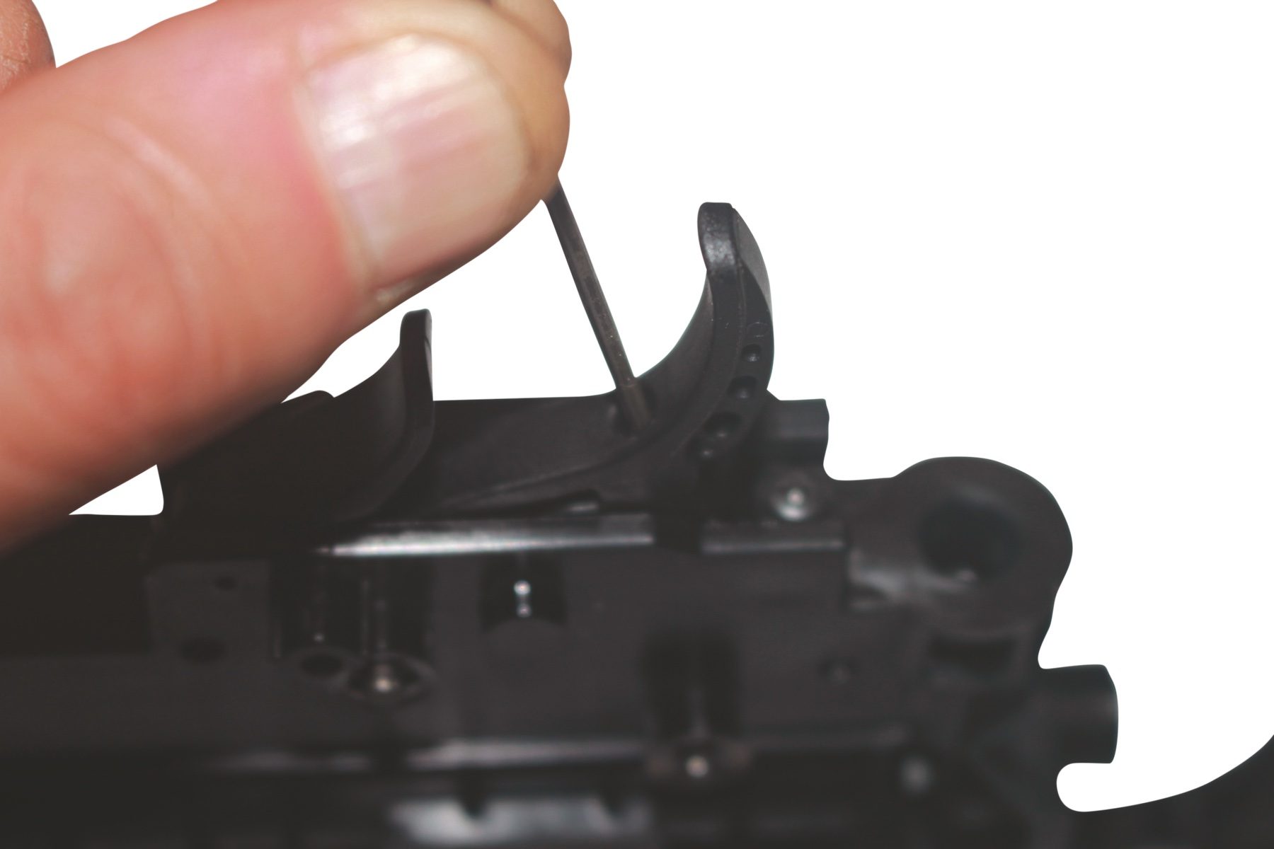 Adjusting the first stage of the Gamo Riser Punisher trigger with a 1.5mm hex key through the blade