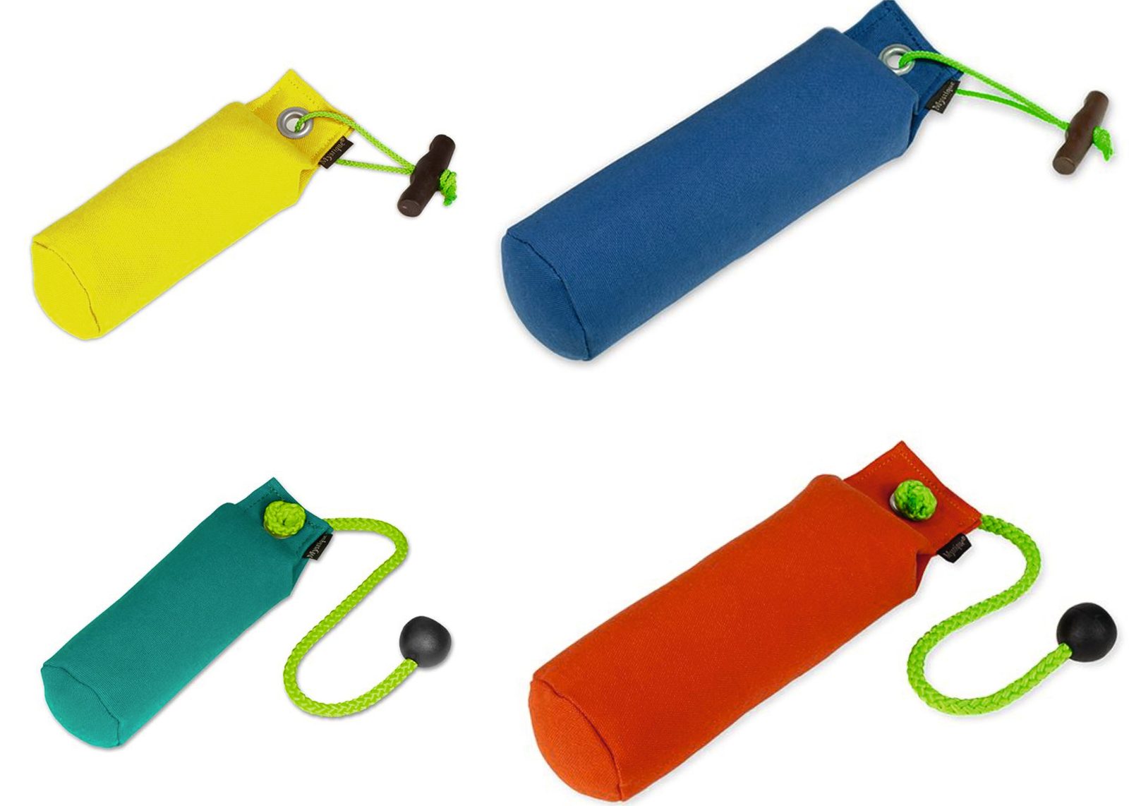 Mystique Easy Soft gundog training dummies in yellow, blue, green and orange