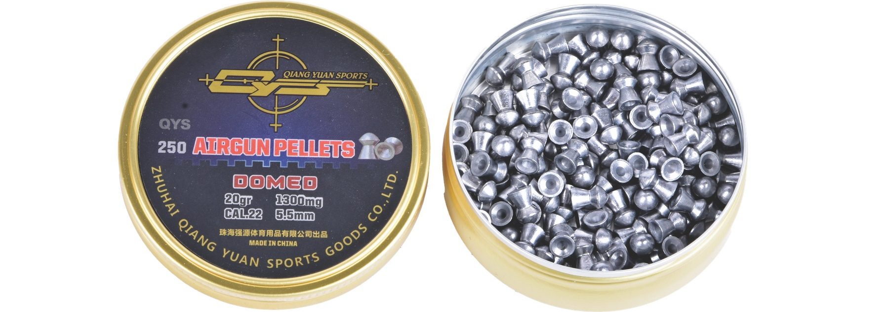 Tin of QYS 20gr .22 Domed airgun pellets, open with pellets visible