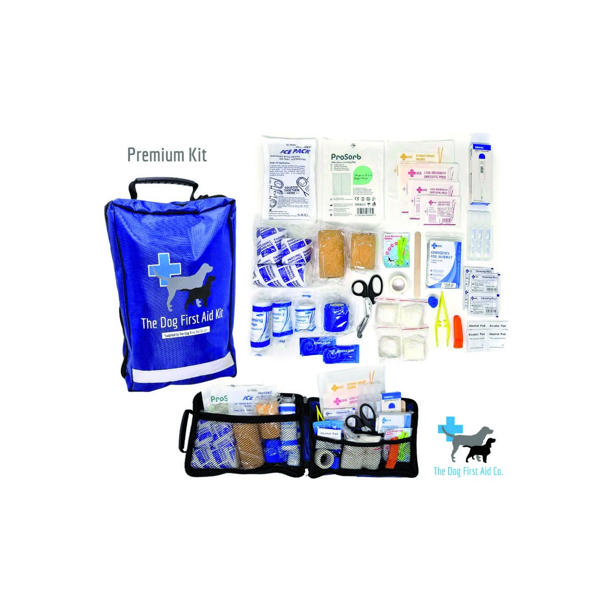 The Dog First Aid Kit in a blue water-resistant bag with contents