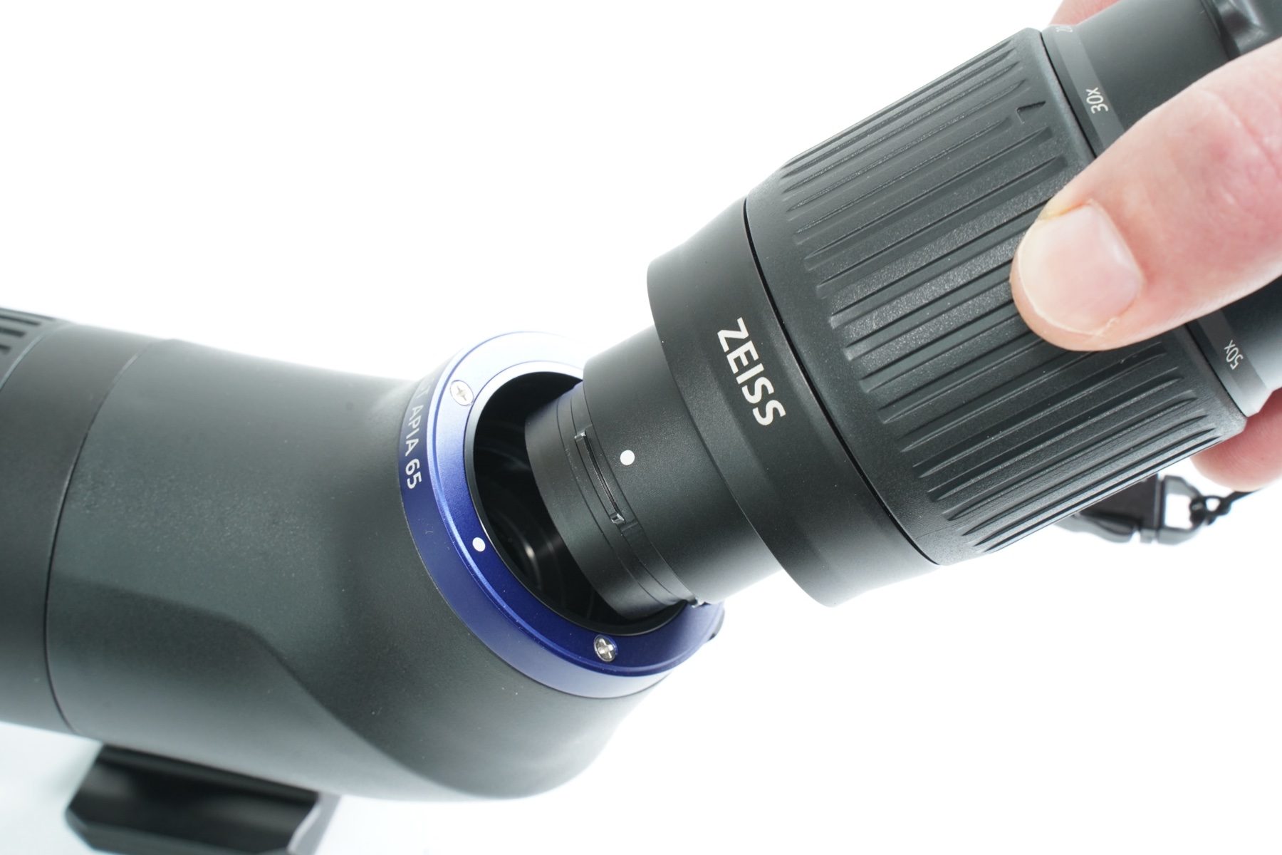 Bayonet mount joining the eyepiece to the Zeiss Conquest Apia 65 body
