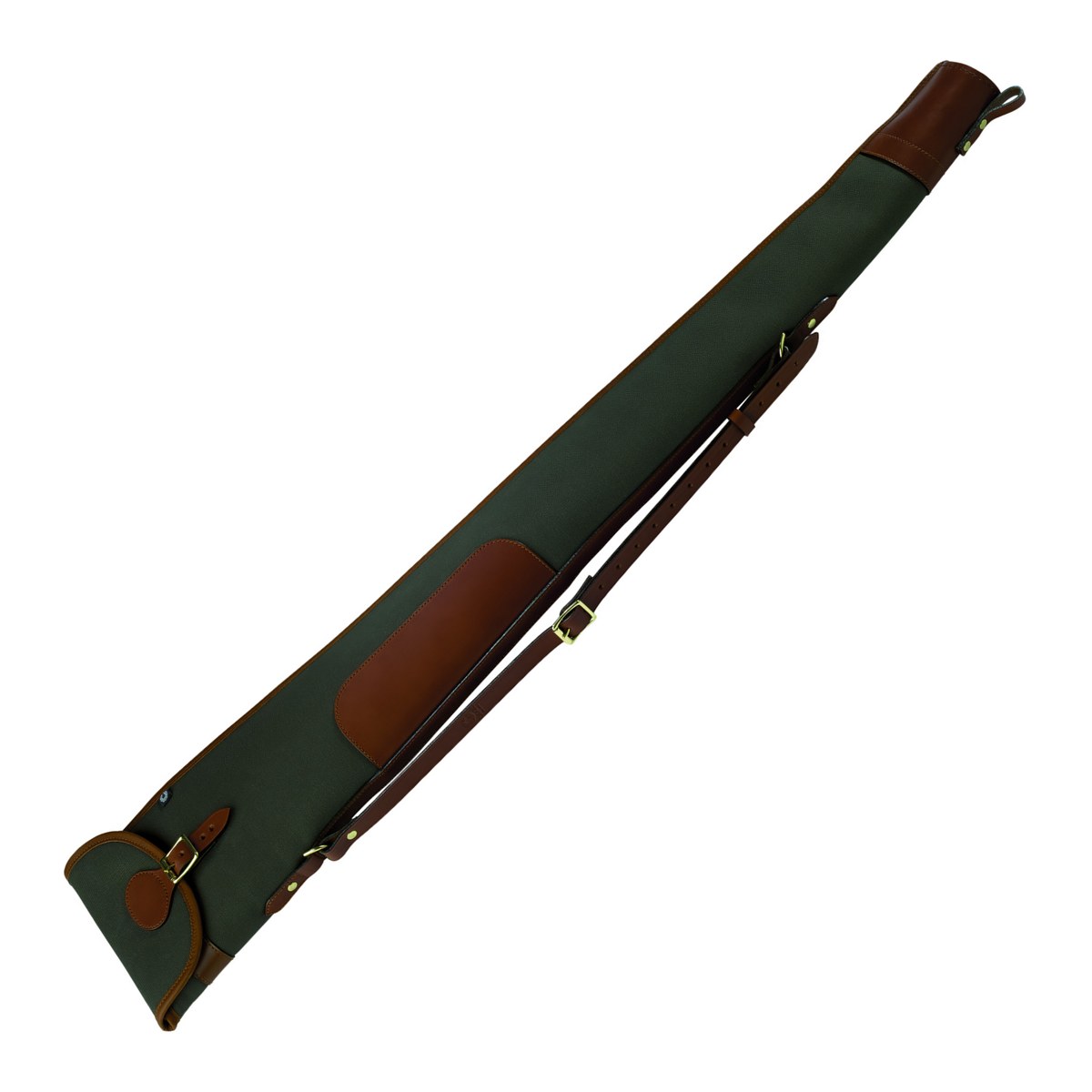 Croots Rosedale canvas shotgun slip in green with bridle leather straps and brass buckles