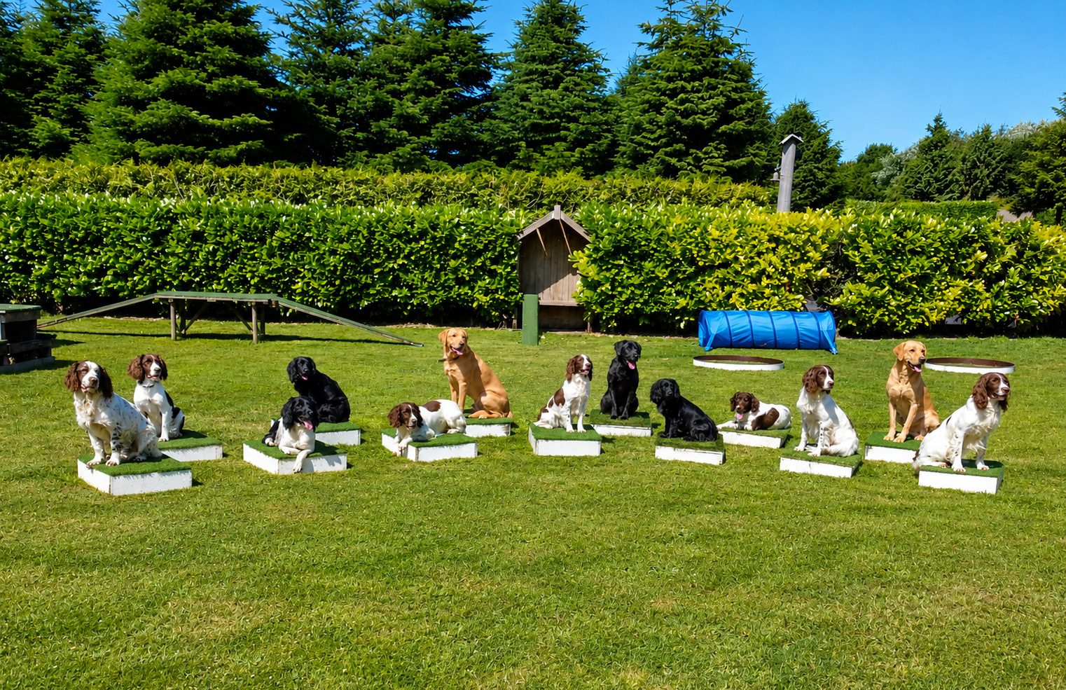 A dozen spaniels and retrievers sitting steadily on individual place boards on a lawn