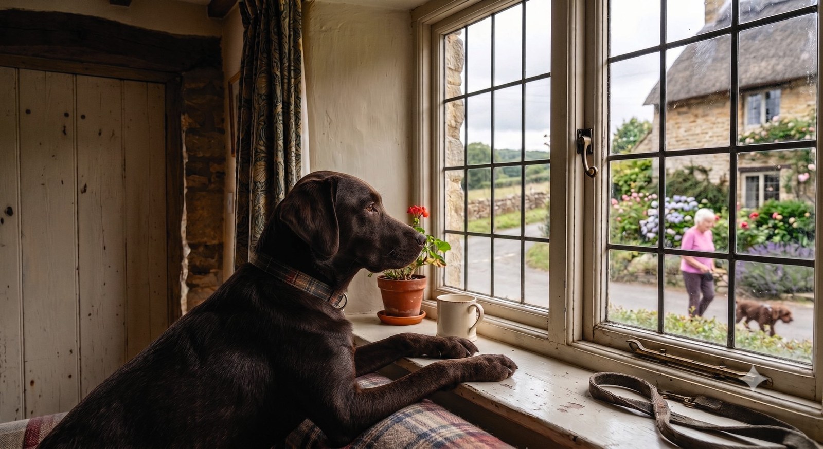 Chocolate Labrador watching a passing dog walker from a cottage window