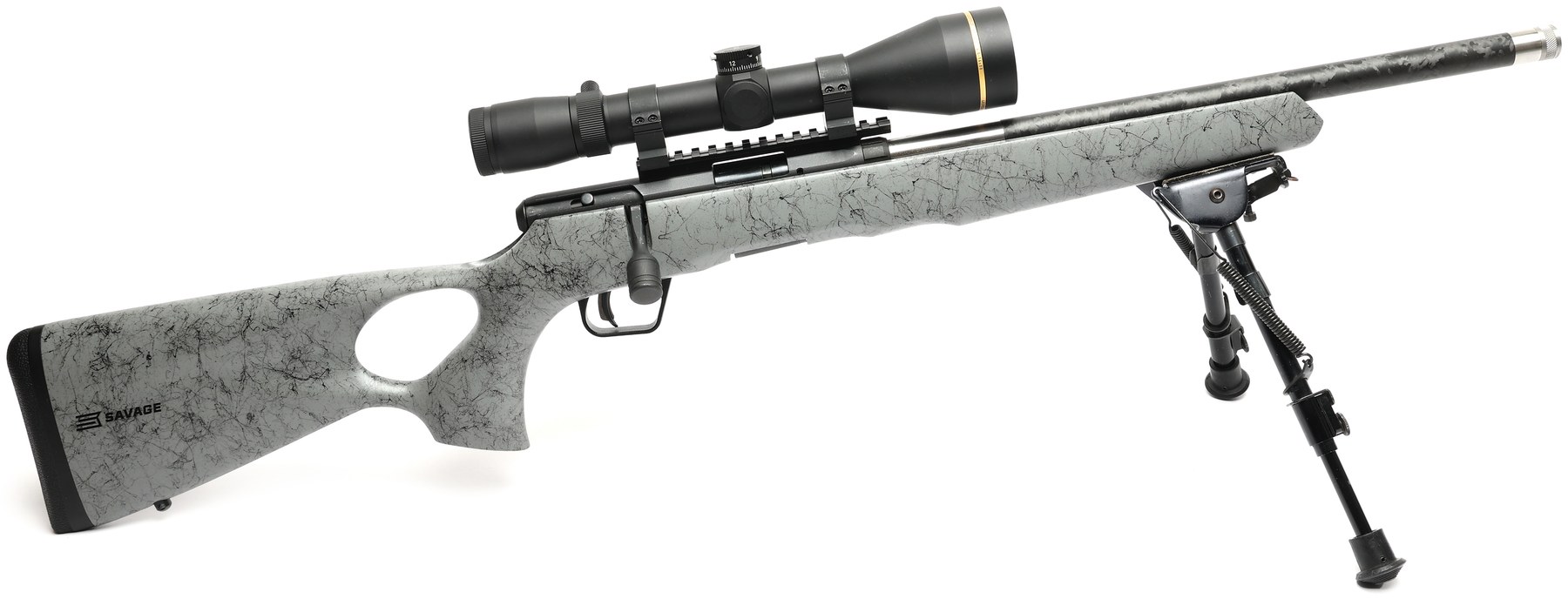 The Savage B22 Timberlite Thumbhole .22 LR rifle with scope and bipod fitted