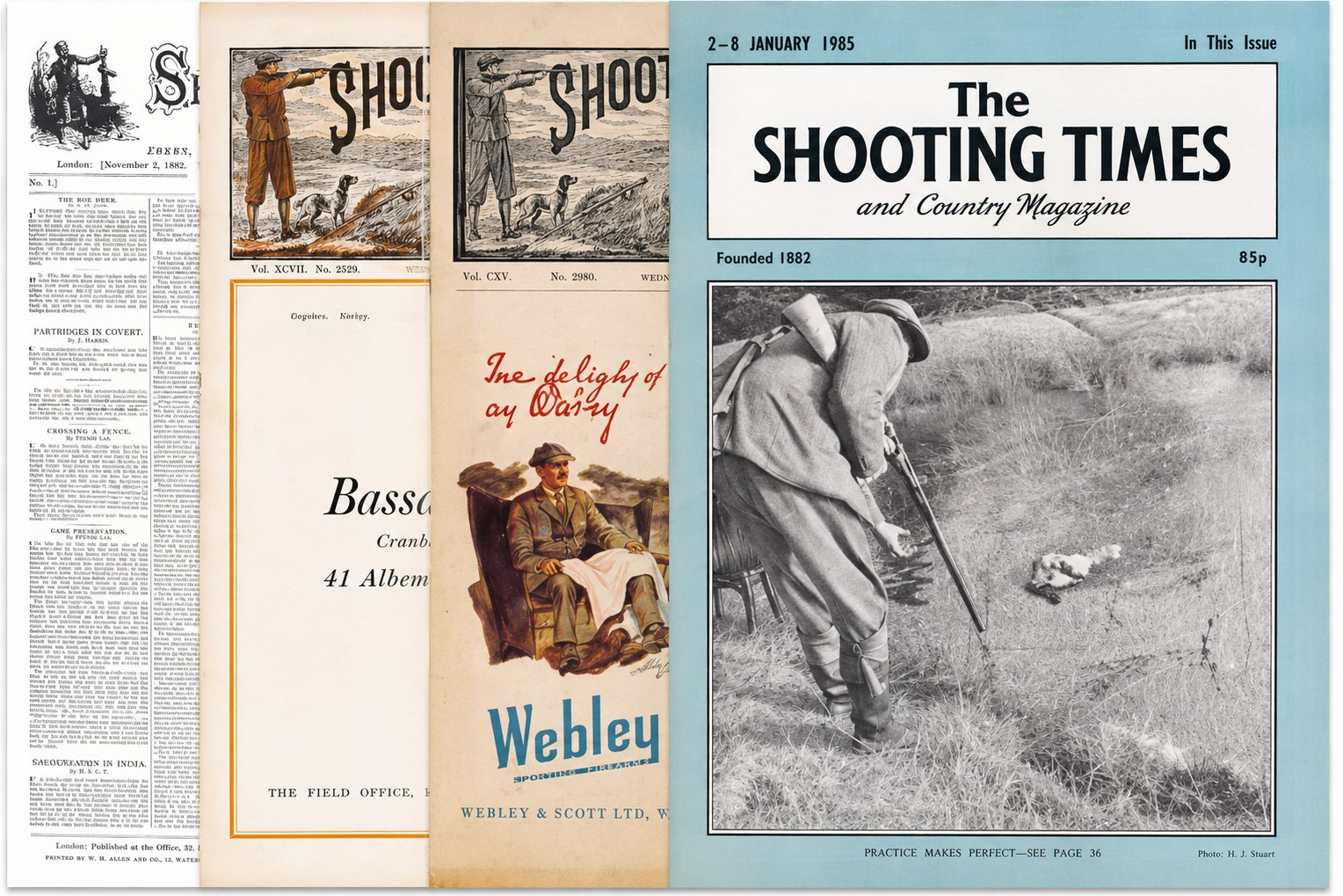 Shooting Times mastheads and pages from across the magazine's history, laid out together