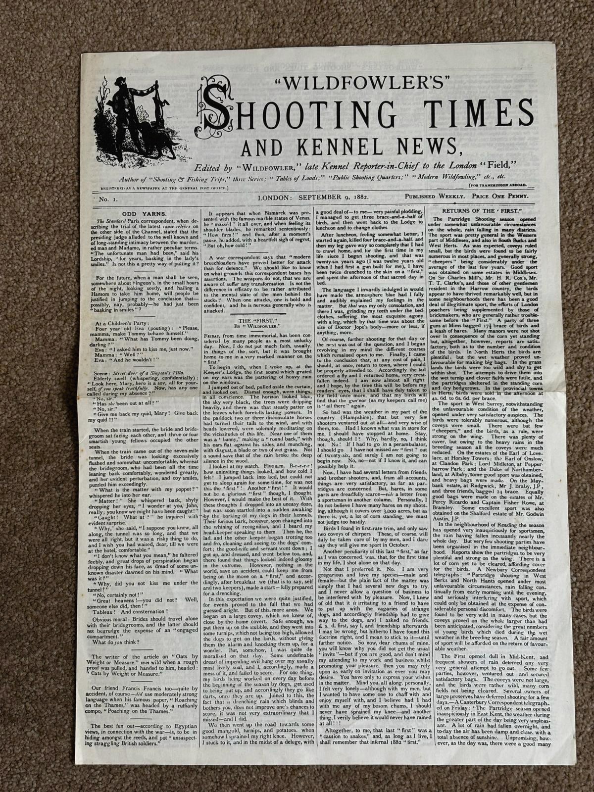 Front page of an early issue of Wildfowler's Shooting Times and Kennel News, founded 1882