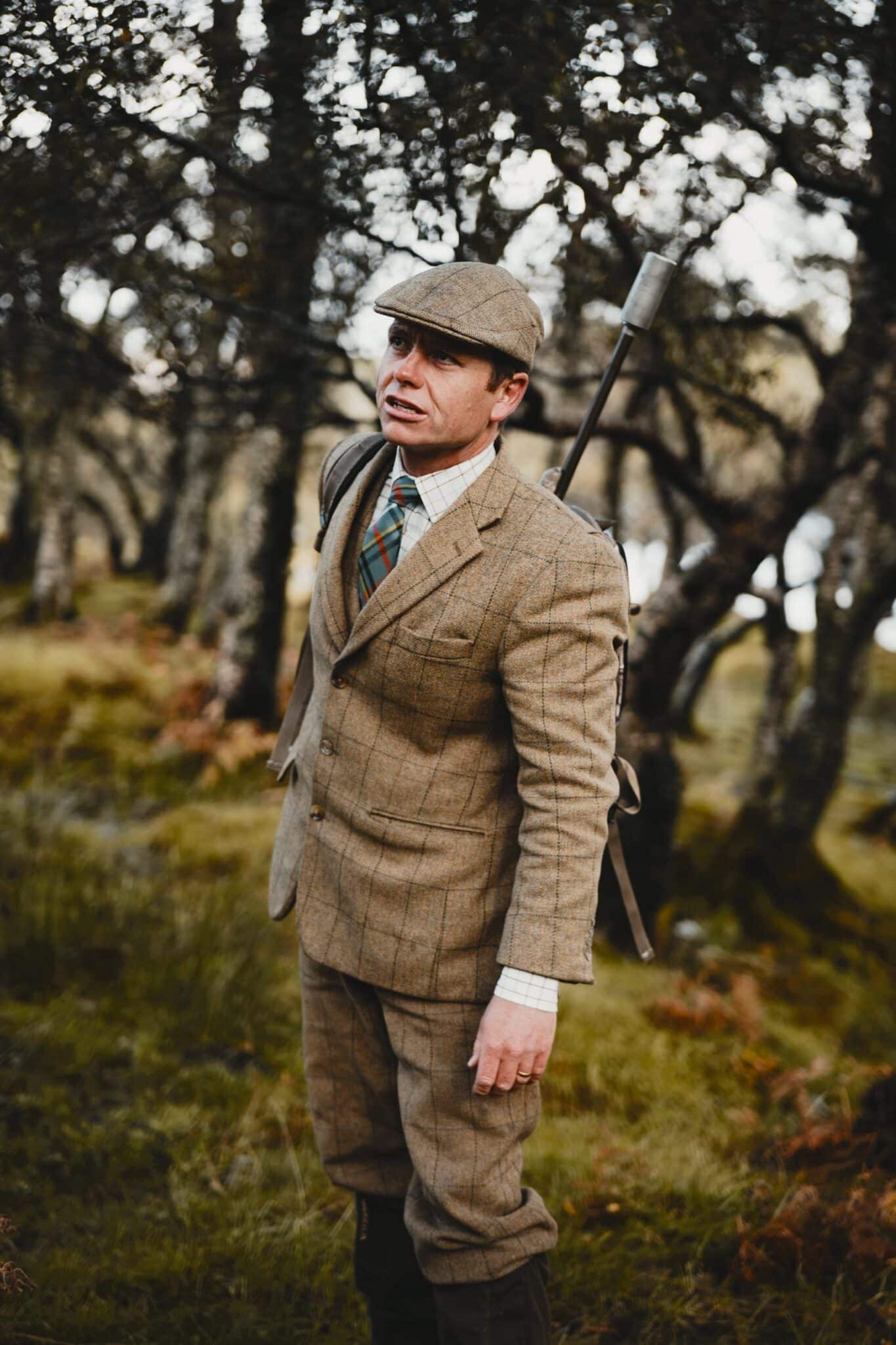 Benmore Estate headstalker Donald Bisset in tweed on the hill ground