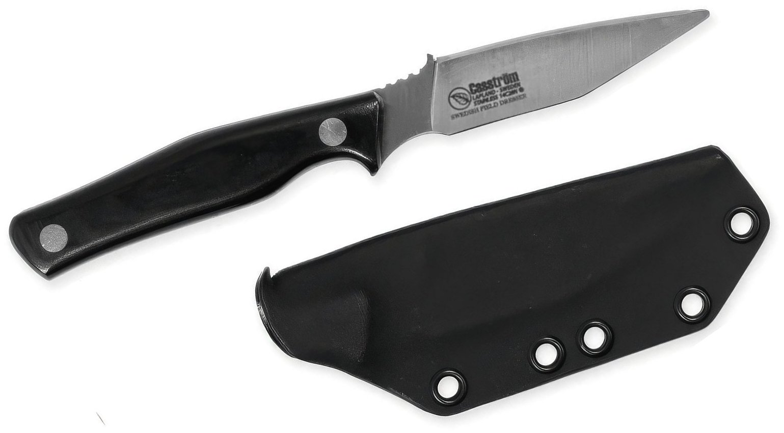 The Casström Swedish Field Dresser knife with its rounded tip and Kydex sheath
