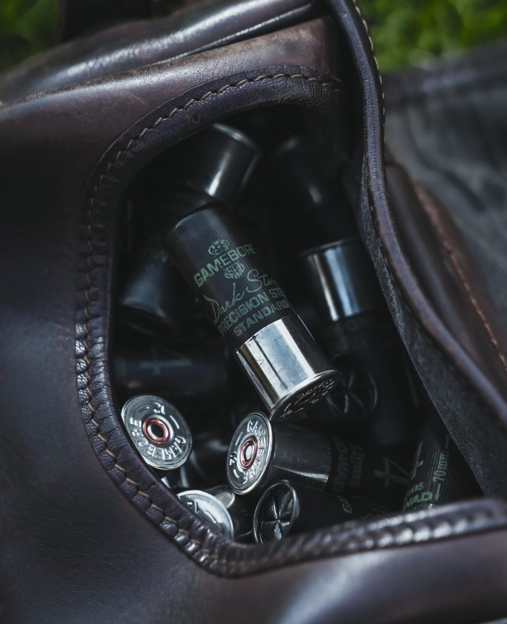Gamebore Dark Storm Steel cartridges in a leather cartridge bag