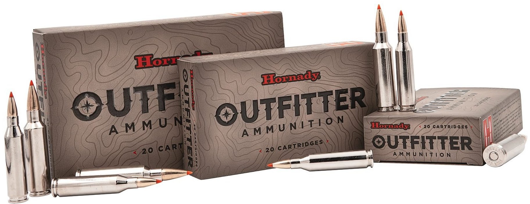 Boxes of Hornady Outfitter ammunition with loose nickel-plated cartridges alongside