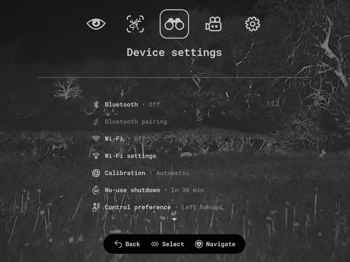 The Pulsar Symbion's device settings menu on the AMOLED display